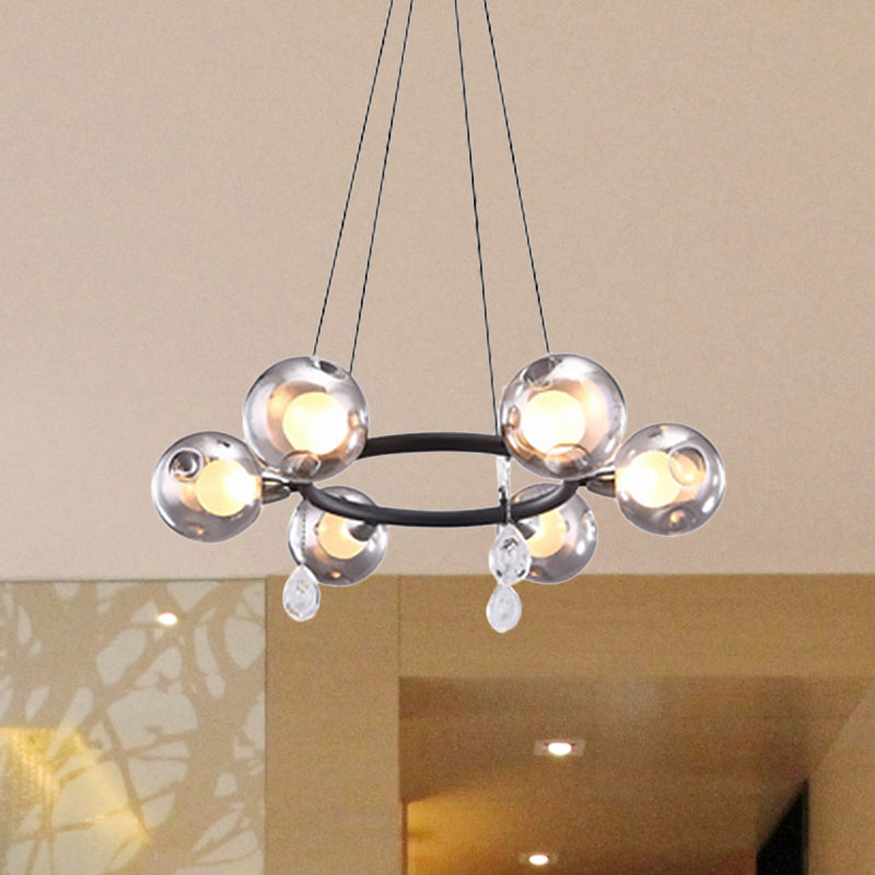 Modernist Ball Chandelier Pendant Smoke Dimpled Blown Glass 6/8 Lights Led Hanging Ceiling Lamp in Black