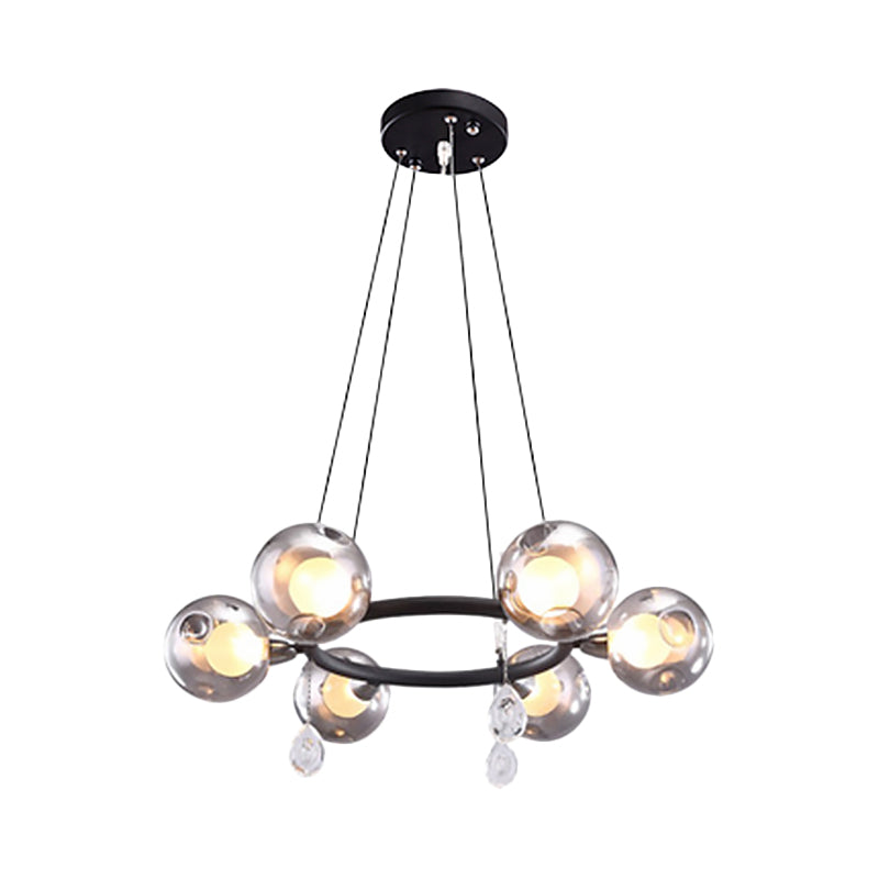 Modernist Ball Chandelier Pendant Smoke Dimpled Blown Glass 6/8 Lights Led Hanging Ceiling Lamp in Black