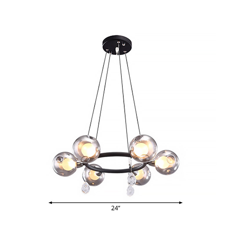 Modernist Ball Chandelier Pendant Smoke Dimpled Blown Glass 6/8 Lights Led Hanging Ceiling Lamp in Black