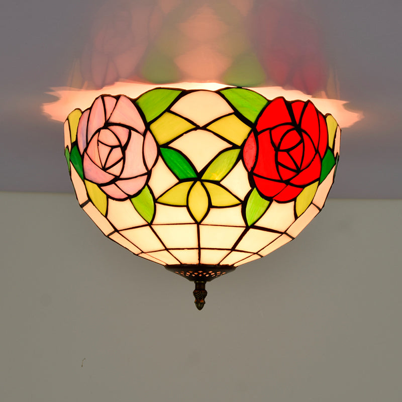 Tiffany-Style Bowl Shape Flush Mount Stained Glass Ceiling Light for Aisle