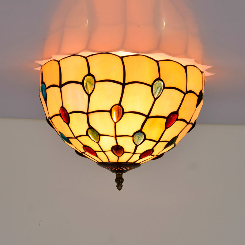 Tiffany-Style Bowl Shape Flush Mount Stained Glass Ceiling Light for Aisle