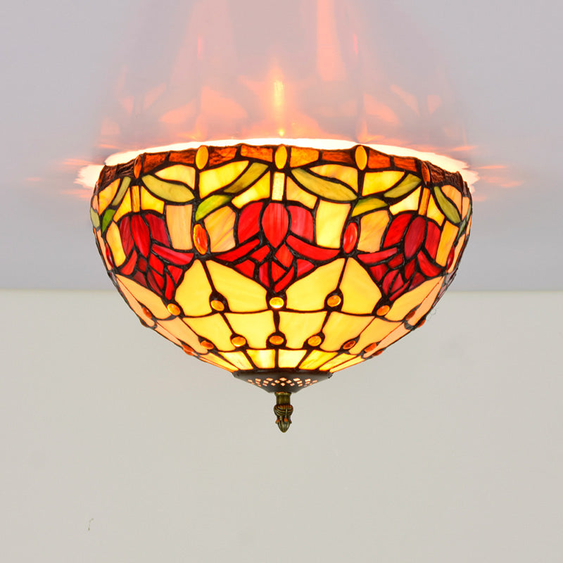 Tiffany-Style Bowl Shape Flush Mount Stained Glass Ceiling Light for Aisle