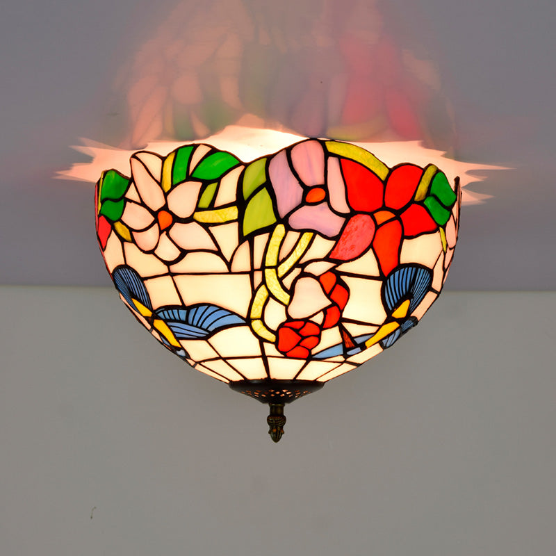 Tiffany-Style Bowl Shape Flush Mount Stained Glass Ceiling Light for Aisle