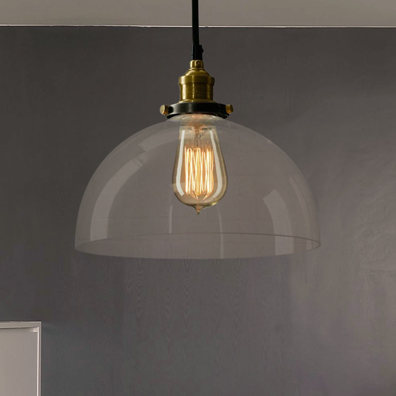 1 Light Dome Pendant Lighting Fixture Industrial Brass Clear/Amber Glass Hanging Ceiling Light