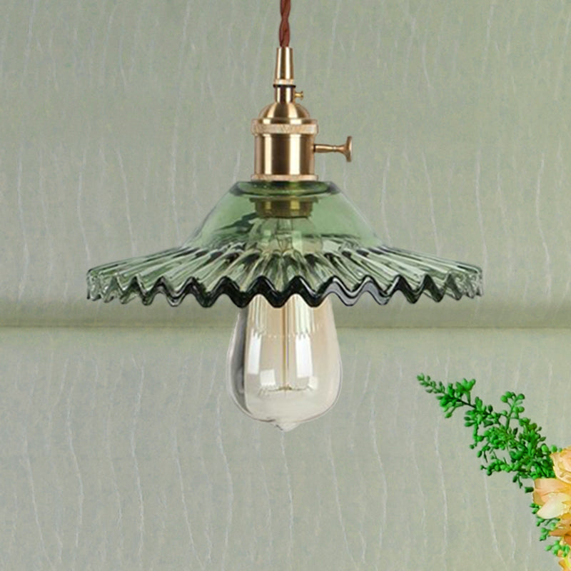 Brass 1-Light Hanging Ceiling Light Industrial Black/White/Green Glass Scalloped Pendant Lighting for Dining Room