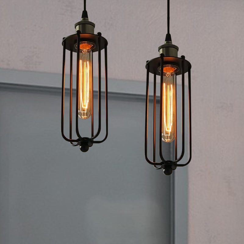 Metallic Matte Black Pendant Lamp Cylinder Cage Shade 1 Light Vintage Style Hanging Fixture