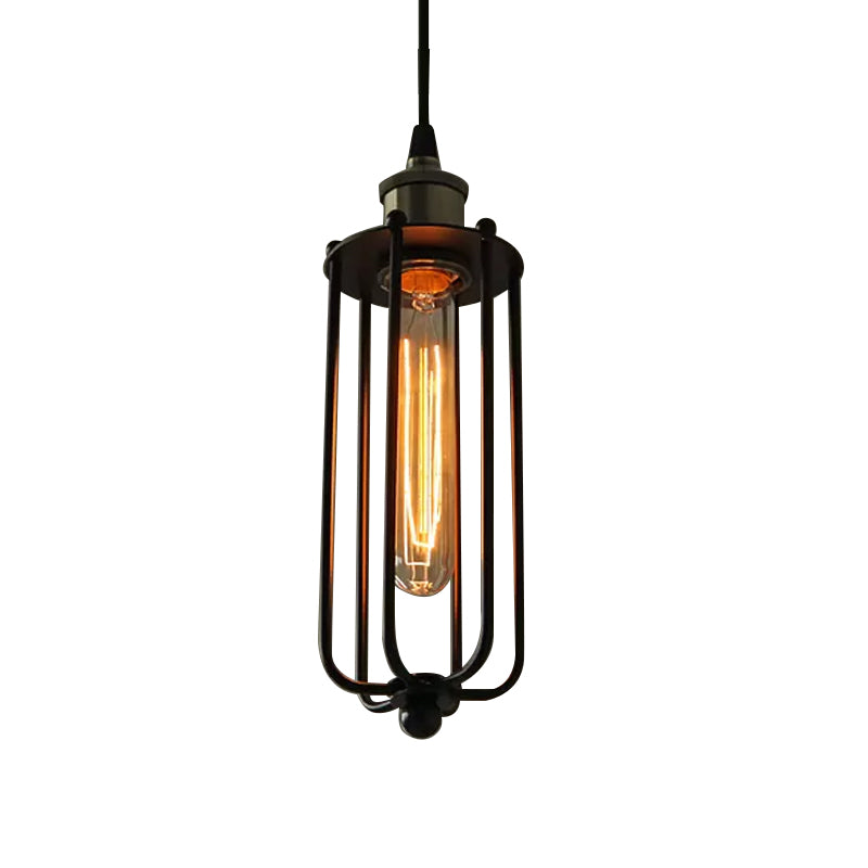 Metallic Matte Black Pendant Lamp Cylinder Cage Shade 1 Light Vintage Style Hanging Fixture