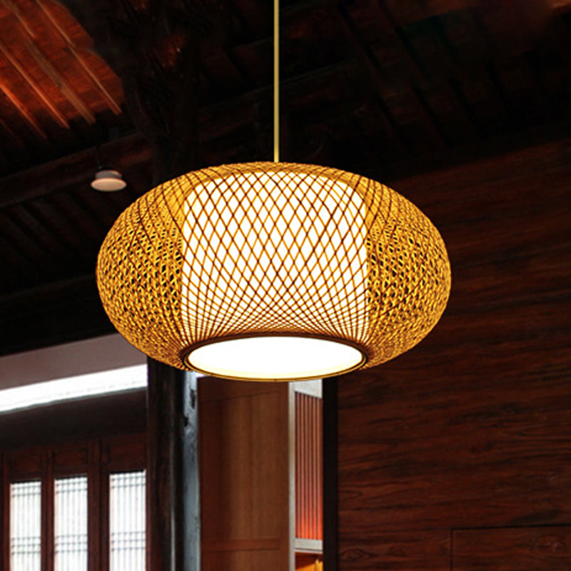 Lámpara colgante de una sola cabeza asiática de luz suspendida con luz suspendida con sombra de cilindro de tela en el interior