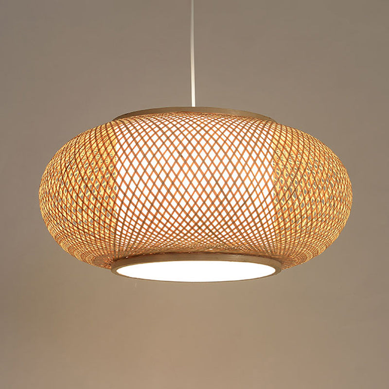 Lámpara colgante de una sola cabeza asiática de luz suspendida con luz suspendida con sombra de cilindro de tela en el interior