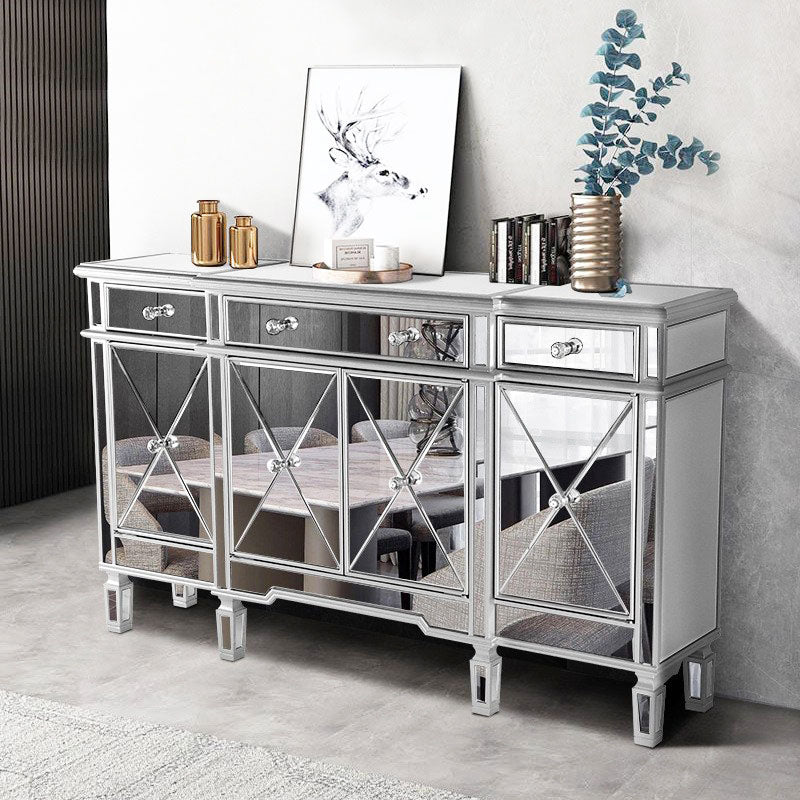 Mirrored Finish Faux Wood Sideboard Glam Dining Buffet with Cabinets and Drawers