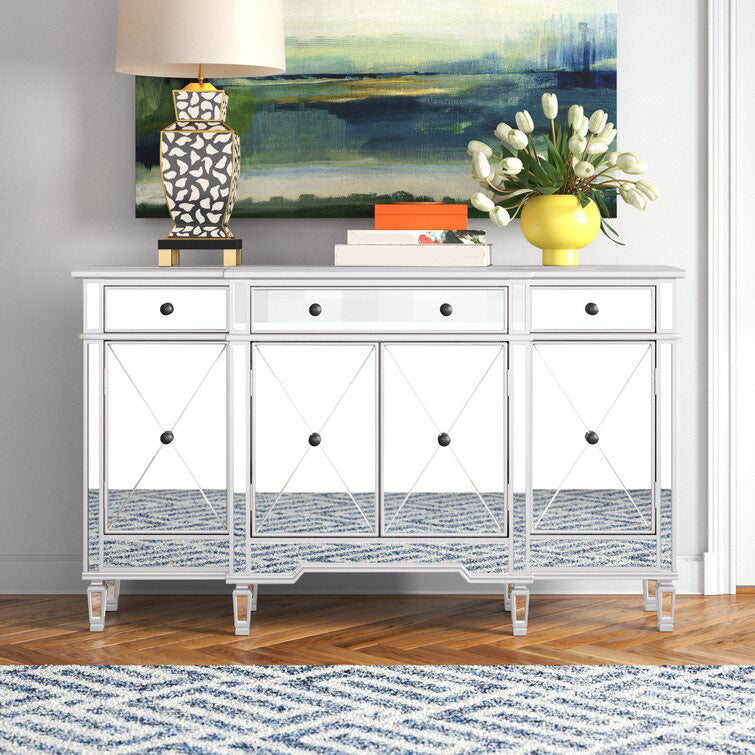 Mirrored Finish Faux Wood Sideboard Glam Dining Buffet with Cabinets and Drawers