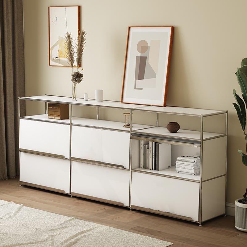 Contemporary Metal Sideboard with Drawers White Dining Buffet for Living Room