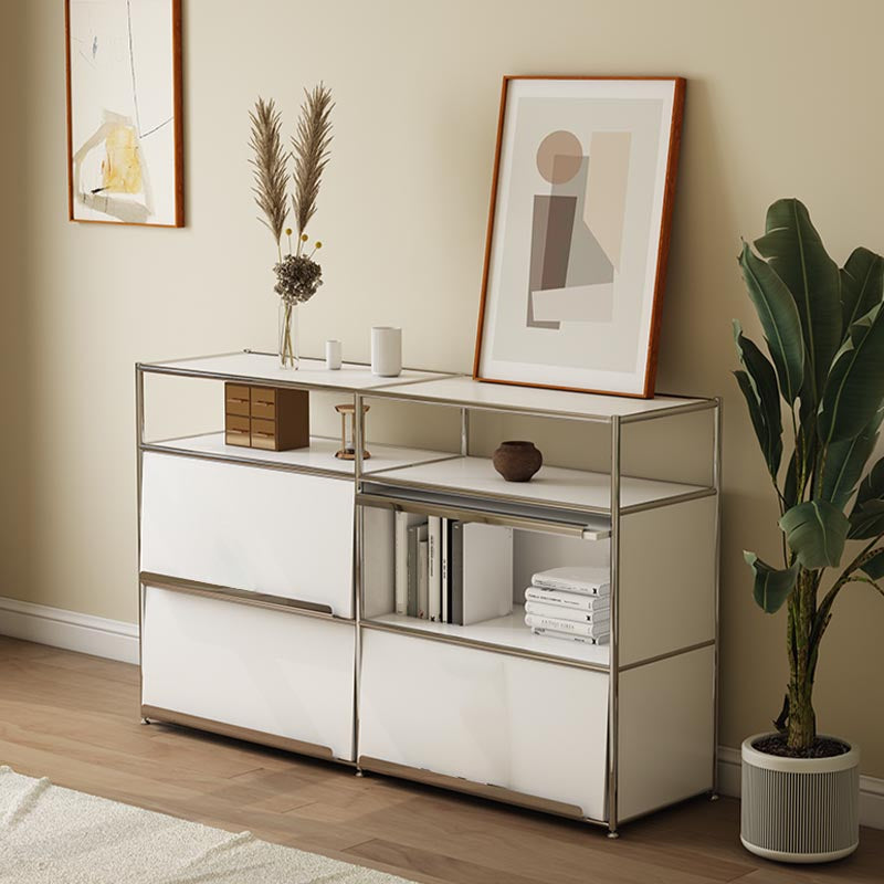 Contemporary Metal Sideboard with Drawers White Dining Buffet for Living Room