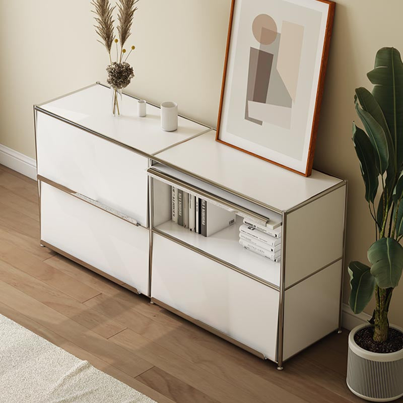 Contemporary Metal Sideboard with Drawers White Dining Buffet for Living Room