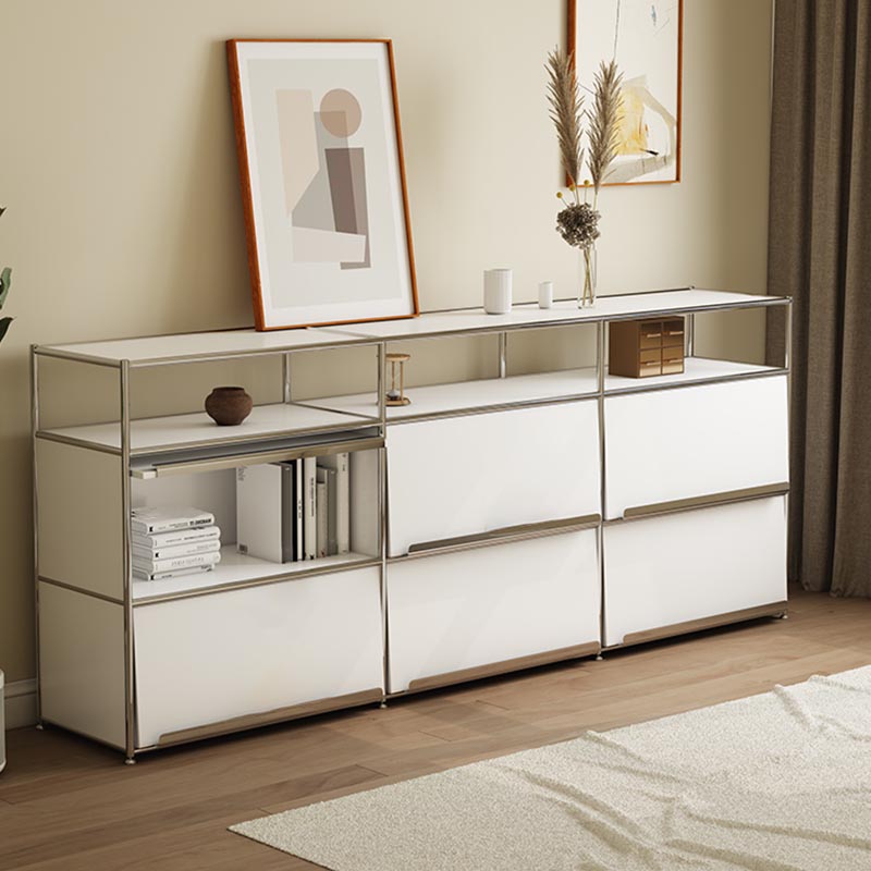 Contemporary Metal Sideboard with Drawers White Dining Buffet for Living Room