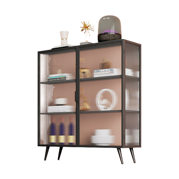 Polished Finish Metal Sideboard Glam Indoor Dining Server with Clear Glass Doors