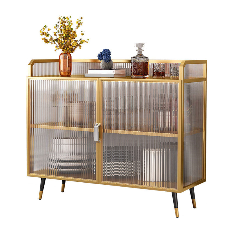 Polished Finish Metal Sideboard Glam Indoor Dining Server with Clear Glass Doors