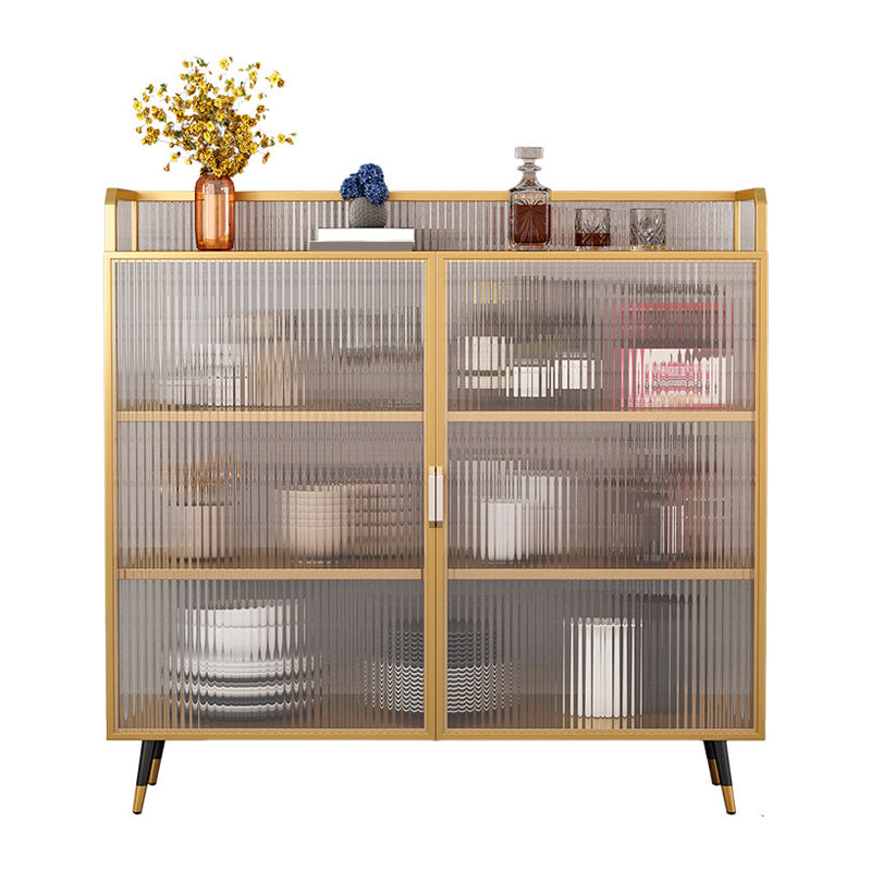 Polished Finish Metal Sideboard Glam Indoor Dining Server with Clear Glass Doors