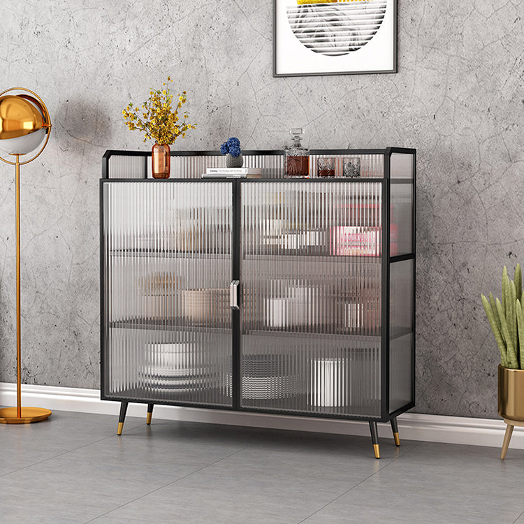 Polished Finish Metal Sideboard Glam Indoor Dining Server with Clear Glass Doors