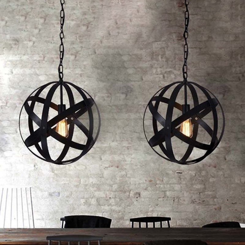 1 Light Spherical Hanging Ceiling Light Industrial Black Metallic Pendant Lamp with Wire Guard for Living Room