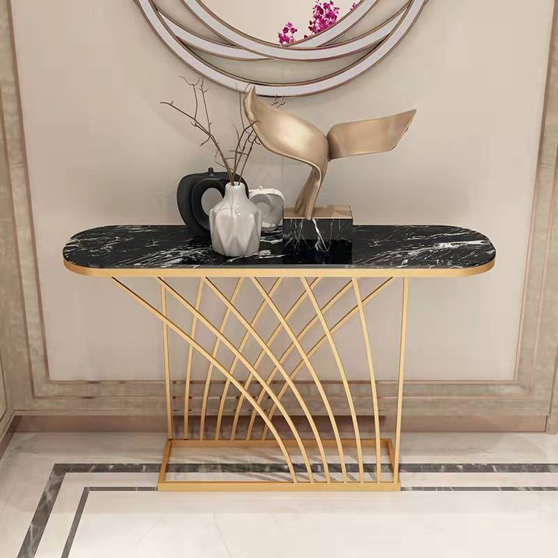 Glam Stone Console Sofa Table Oval Console Accent Table for Hall