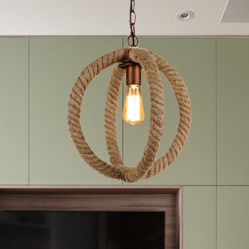 Hemp Rope Spherical Pendant Light Industrial Stylish 1 Bulb Kitchen Ceiling Fixture in Beige