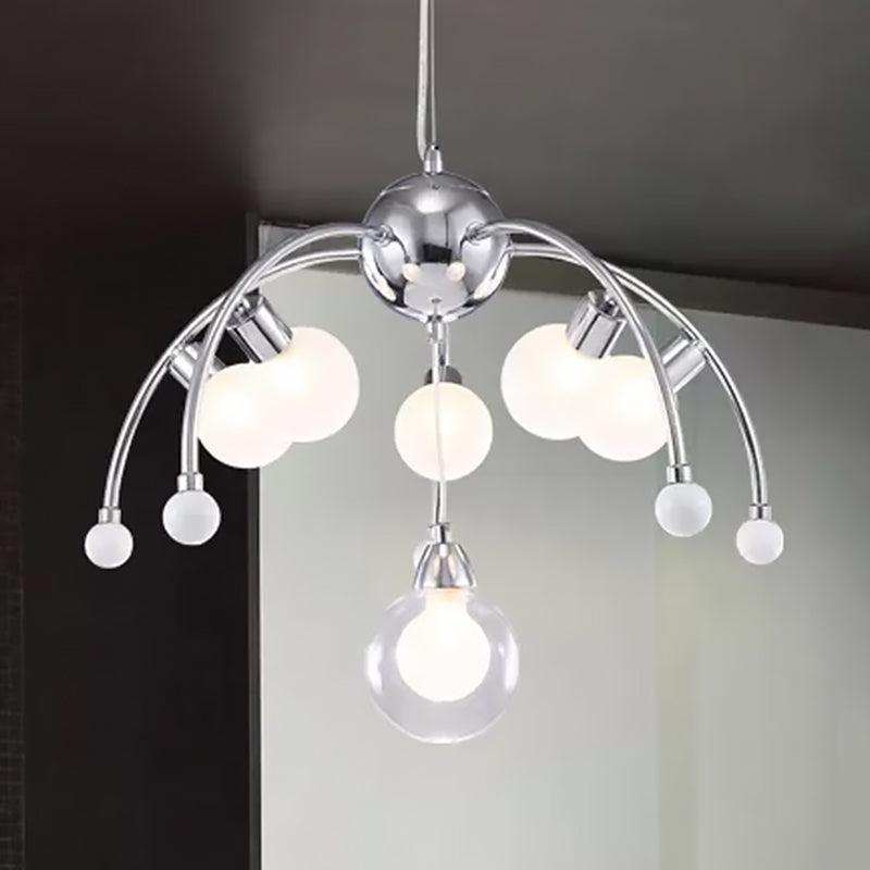 Chrome Bubble Chandelier Lighting Modernist 6/9 Lights White Glass Led Ceiling Fixture with Curved Arm