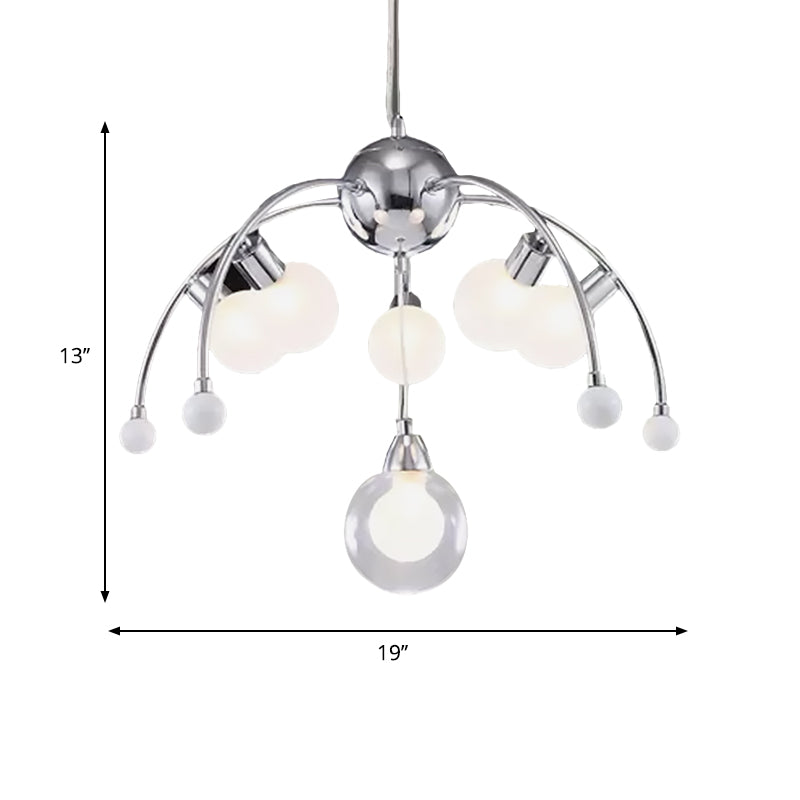 Chrome Bubble Chandelier Lighting Modernist 6/9 Lights White Glass Led Ceiling Fixture with Curved Arm