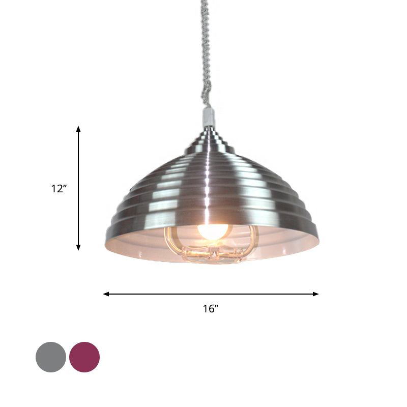 Rose Red/Nickel Domed Hanging Light Vintage Metal 1 Bulb Indoor Pendant Lighting with Ribbed Design