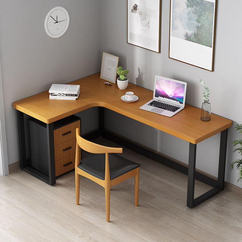 Modern Natural L-Shape Office Desk Home Solid Wood Writing Desk with Drawers