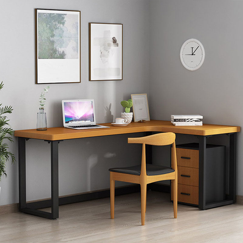 Modern Natural L-Shape Office Desk Home Solid Wood Writing Desk with Drawers