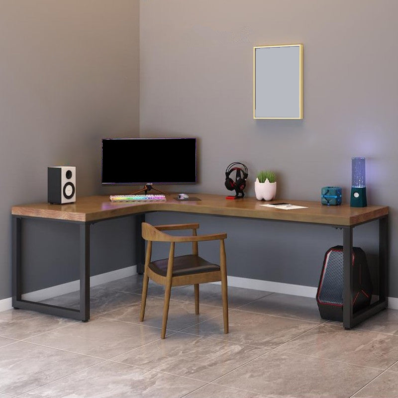 Industrial L-Shape Office Desk Natural Solid Wood Writing Desk for Home