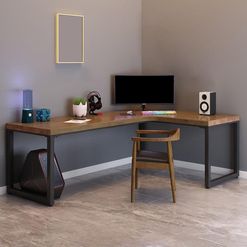 Industrial L-Shape Office Desk Natural Solid Wood Writing Desk for Home