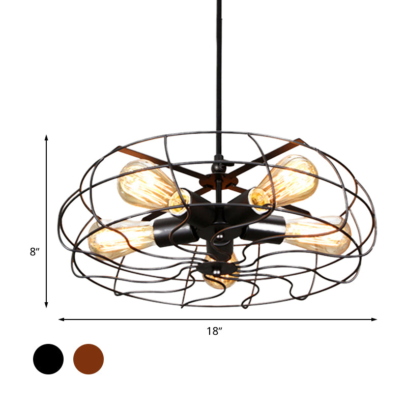 5 Glühbirnen Anhänger Beleuchtung Vintage runder Käfig Schatten schmiedeeiserer Kronleuchterlampe mit Kabel/Kette in Schwarz/Rost