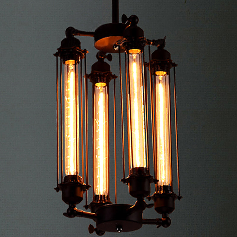 4 Lights Vertical/Horizontal Chandelier Lamp with Tube Cage Shade Iron Industrial Style Indoor Hanging Fixture in Black