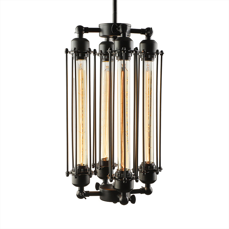 4 Lights Vertical/Horizontal Chandelier Lamp with Tube Cage Shade Iron Industrial Style Indoor Hanging Fixture in Black