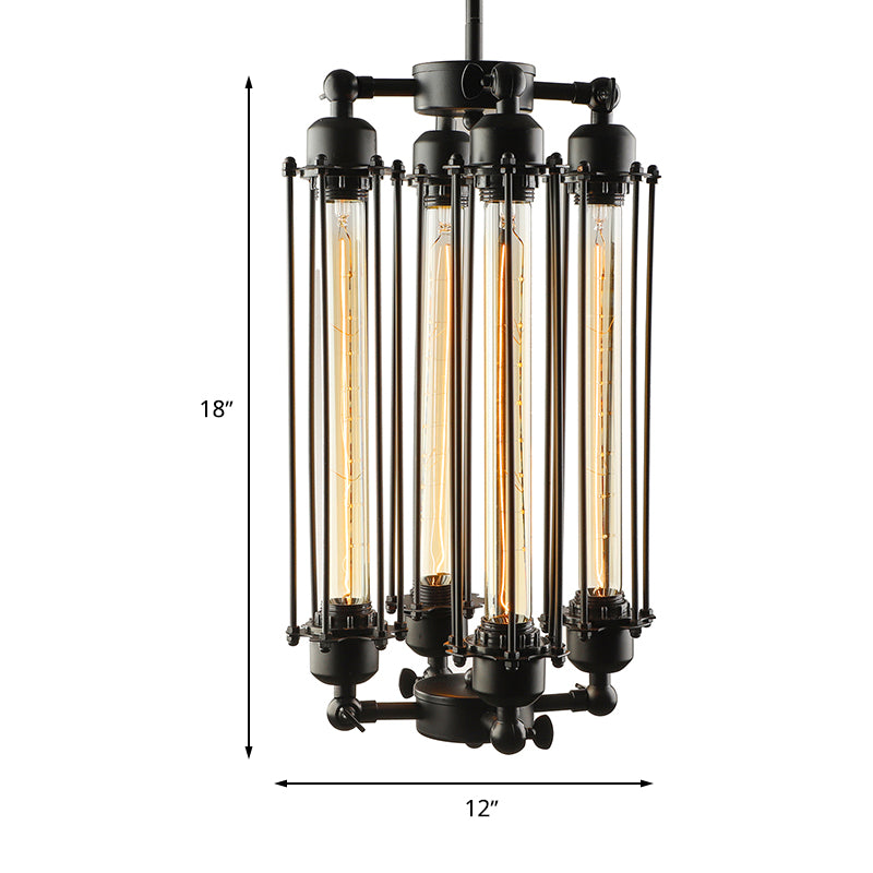 4 Lights Vertical/Horizontal Chandelier Lamp with Tube Cage Shade Iron Industrial Style Indoor Hanging Fixture in Black