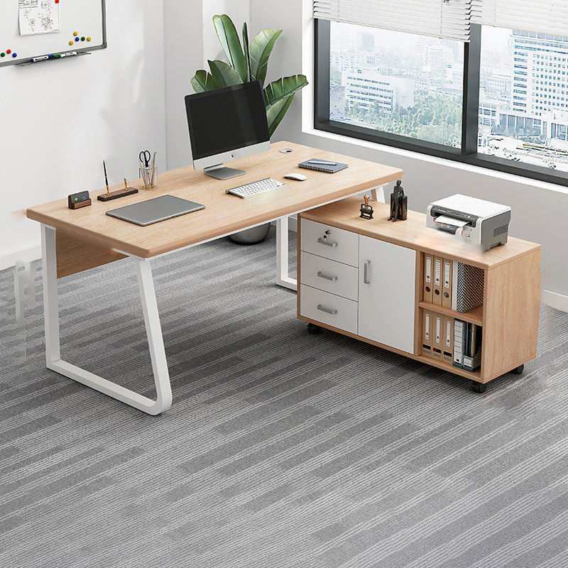 Industrial Cable Management L-Shape Executive Desk Natural Office Desk with Metal Legs