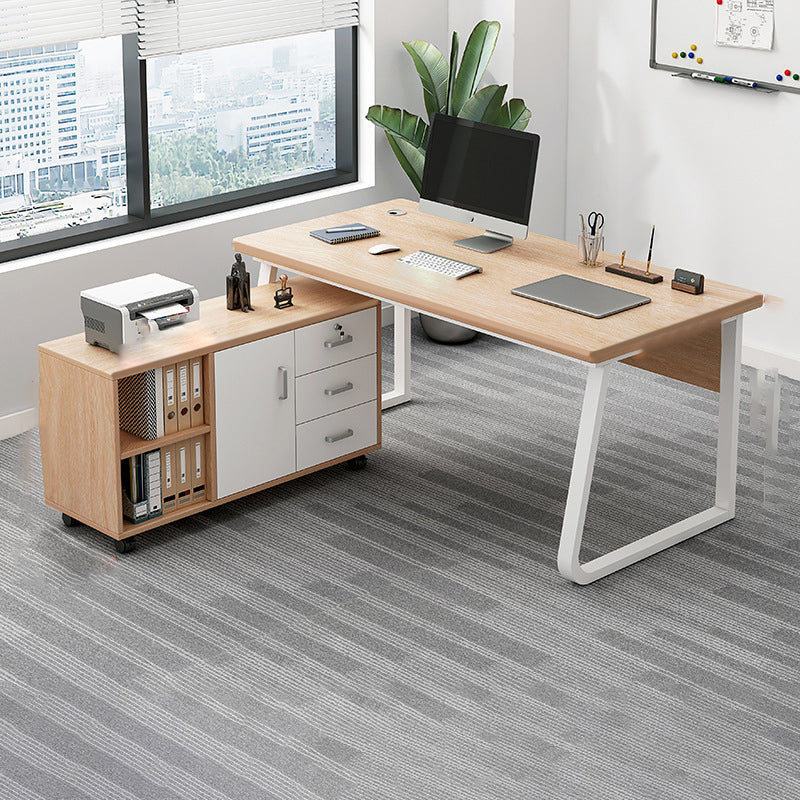 Industrial Cable Management L-Shape Executive Desk Natural Office Desk with Metal Legs