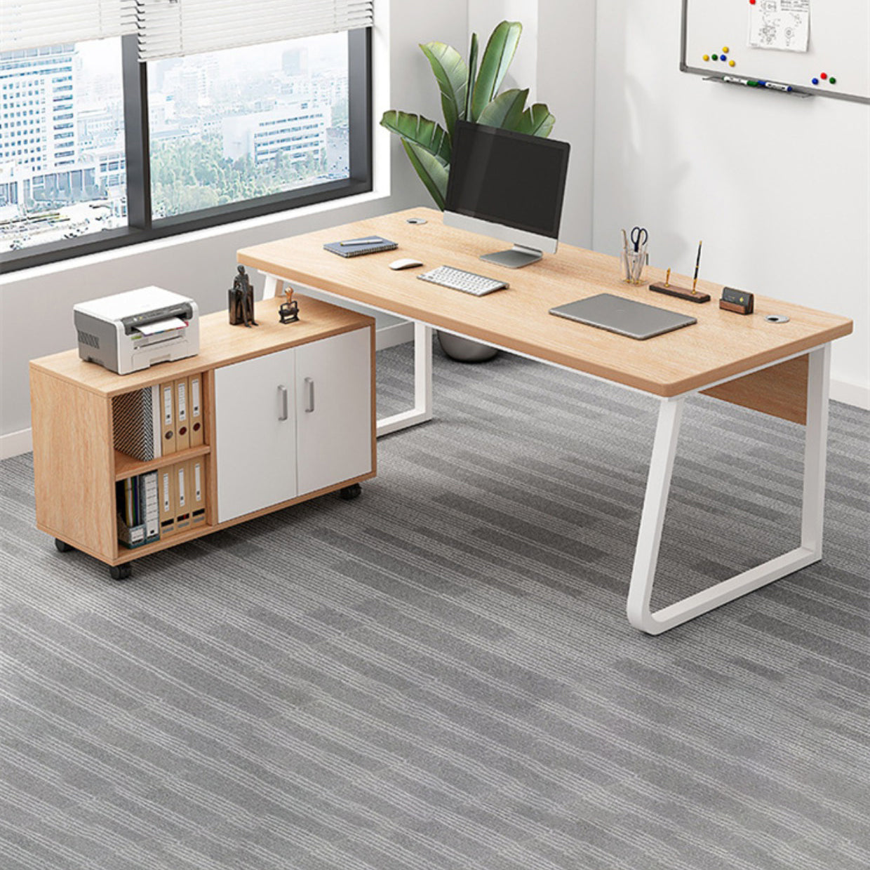 Industrial Cable Management L-Shape Executive Desk Natural Office Desk with Metal Legs