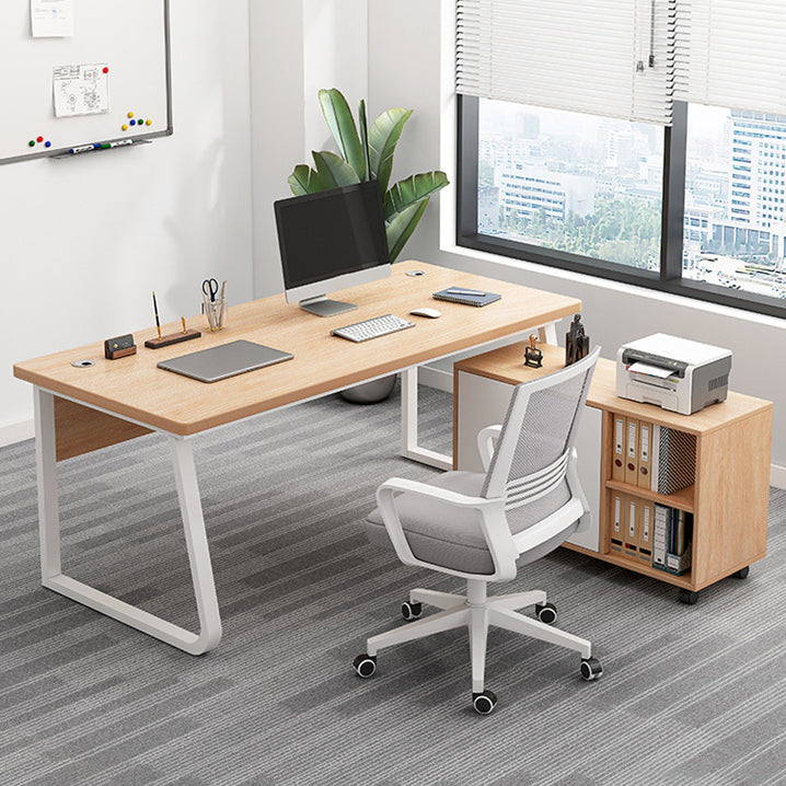 Industrial Cable Management L-Shape Executive Desk Natural Office Desk with Metal Legs