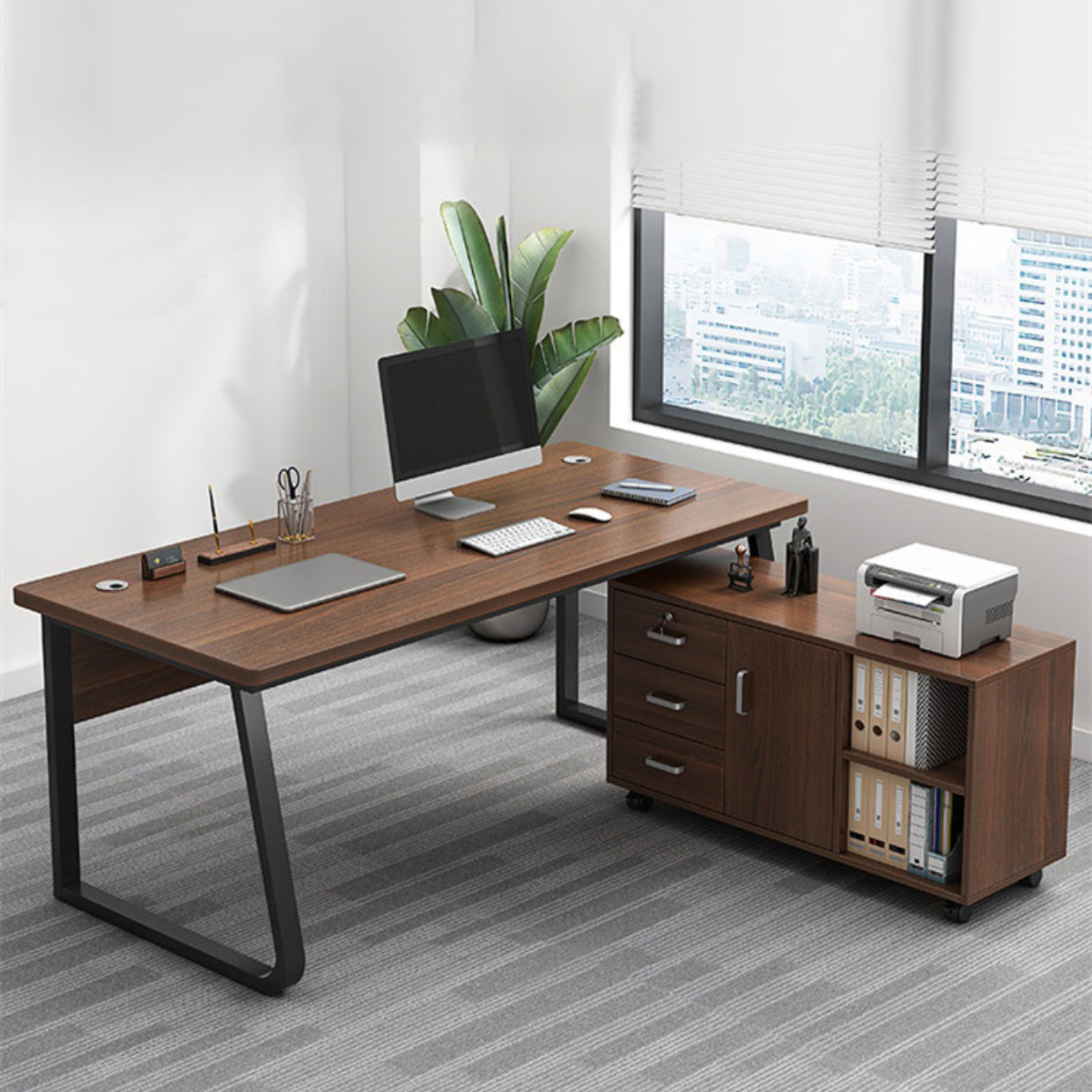 Industrial Cable Management L-Shape Executive Desk Natural Office Desk with Metal Legs