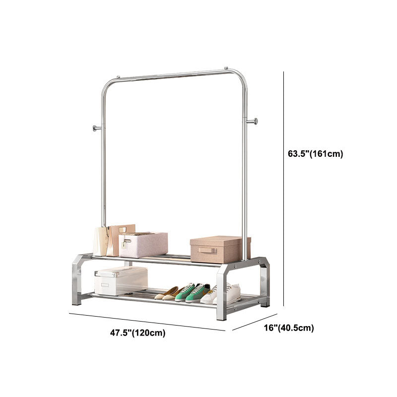 Industrial Stainless Steel Hall Tree Hanging Rails Lower Shelf and 2 Hooks Coat Hanger