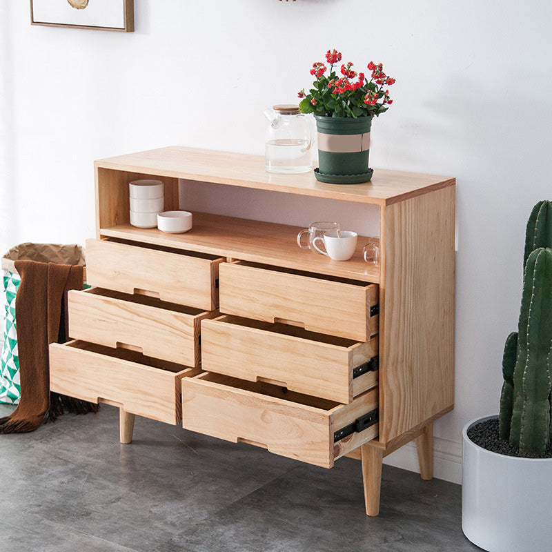 Contemporary Natural Wooden Chest with Shelf and 6 Drawers Accent Chest