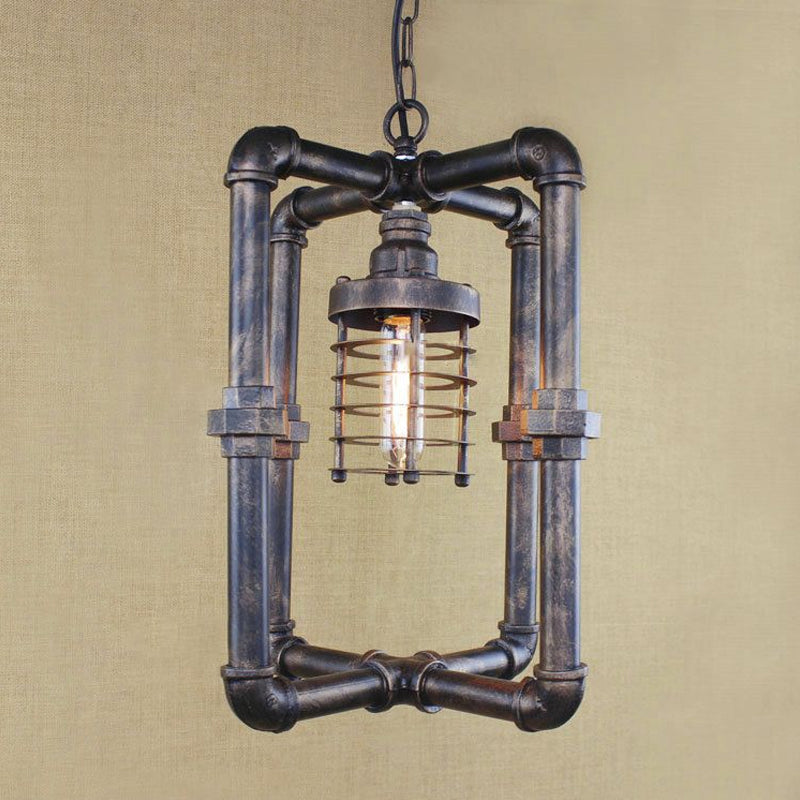 Rust Cylinder Cage Hanging Lighting Industrial Iron 1 Bulb Indoor Ceiling Light Fixture with Rectangular Pipe