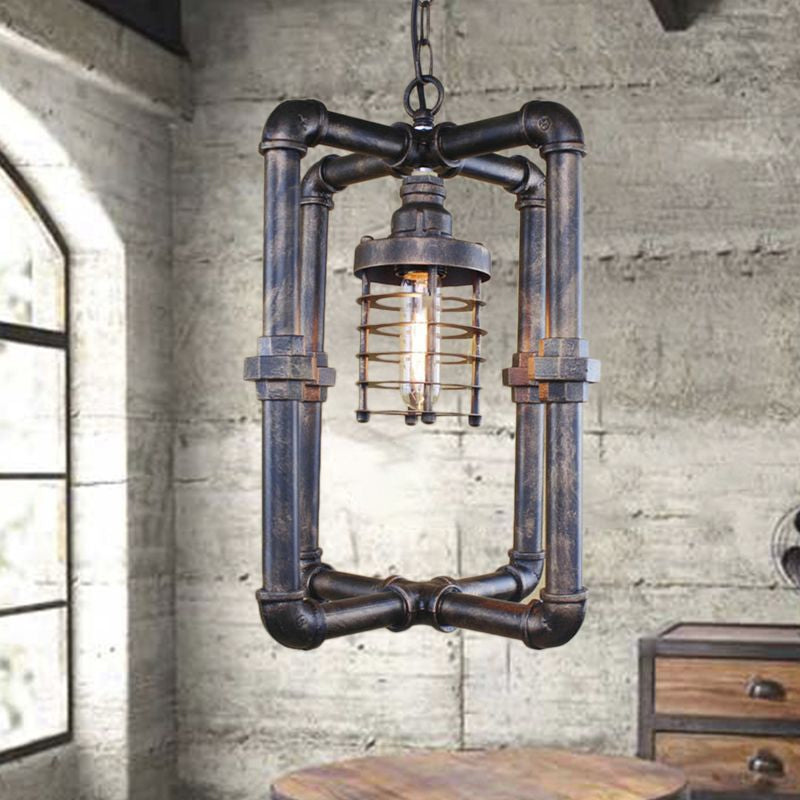 Rust Cylinder Cage Hanging Lighting Industrial Iron 1 Bulb Indoor Ceiling Light Fixture with Rectangular Pipe