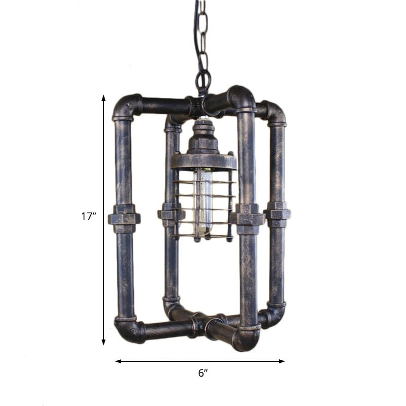 Rust Cylinder Cage Hanging Lighting Industrial Iron 1 Bulb Indoor Ceiling Light Fixture with Rectangular Pipe