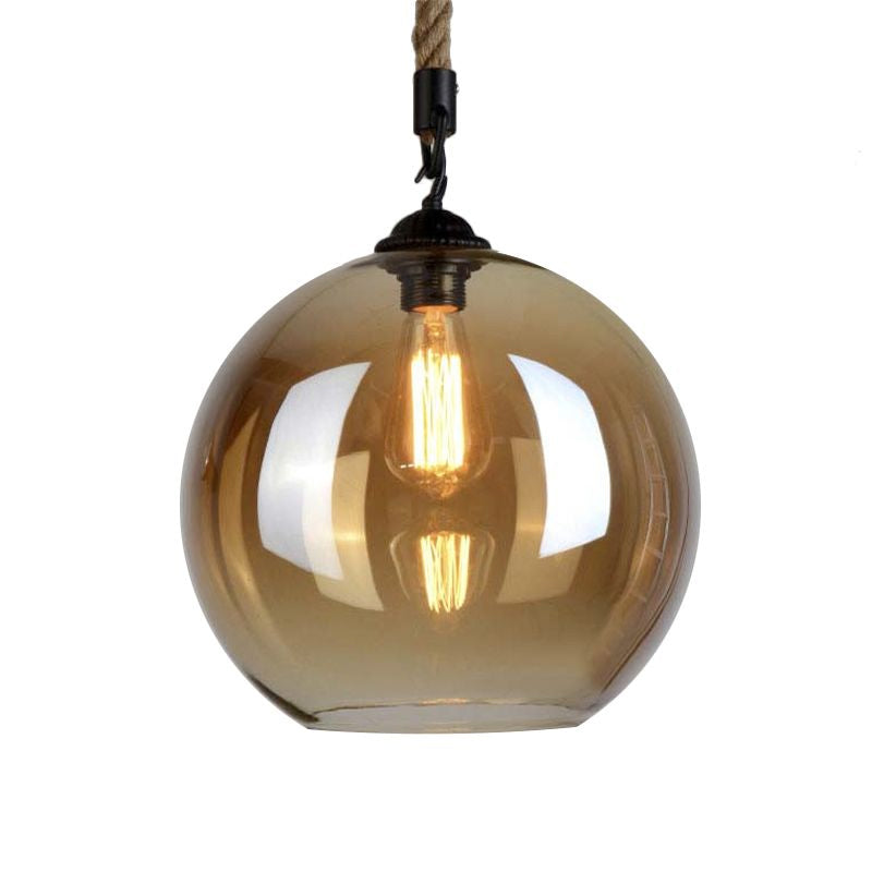 Amber Glass Ball Shade Pendant Light Fixture Vintage Style 1 Light Restaurant Hanging Lamp with Rope