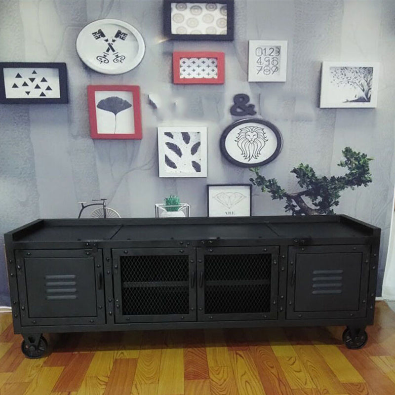 Metal Black TV Cabinet Industrial Style Home TV Stand Console with Casters