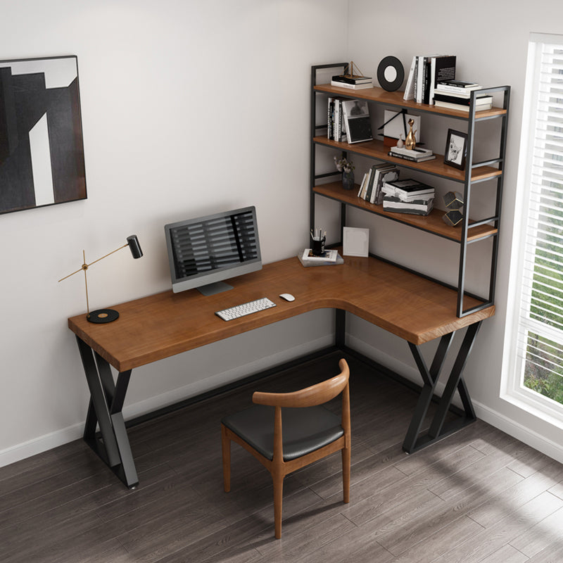 Solid Wood L-Shape Writing Desk Modern Office Desk with Bookshelf